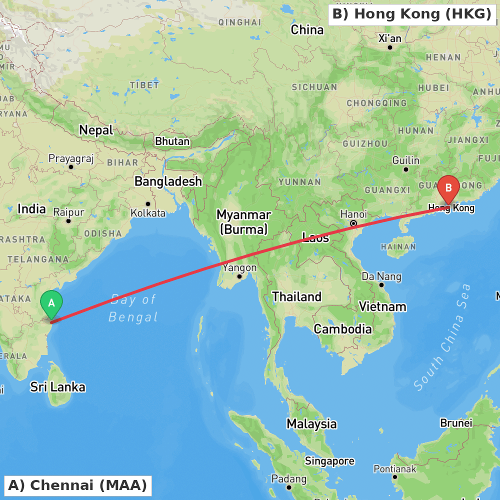 Flight route map from Chennai to Hong Kong