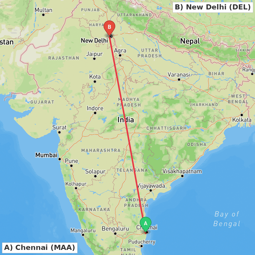 Flight route map from Chennai to New Delhi