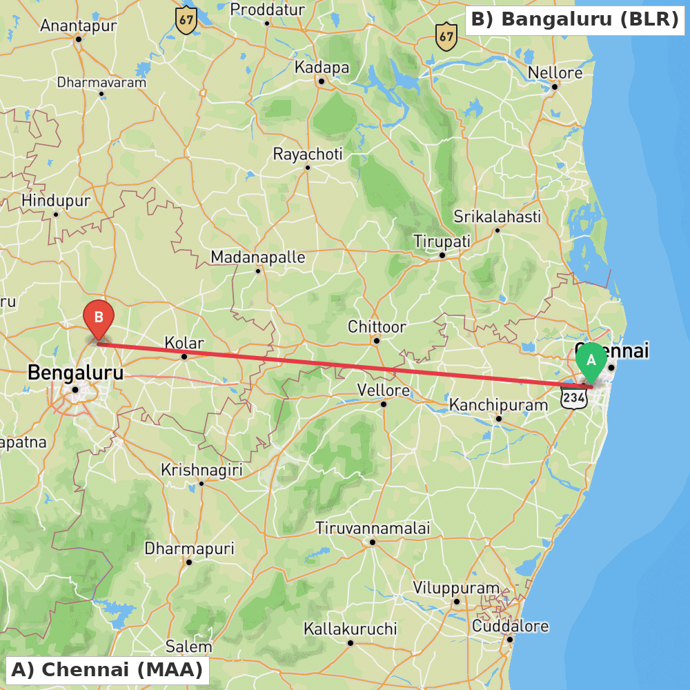 Flight route map from Chennai to Bangaluru