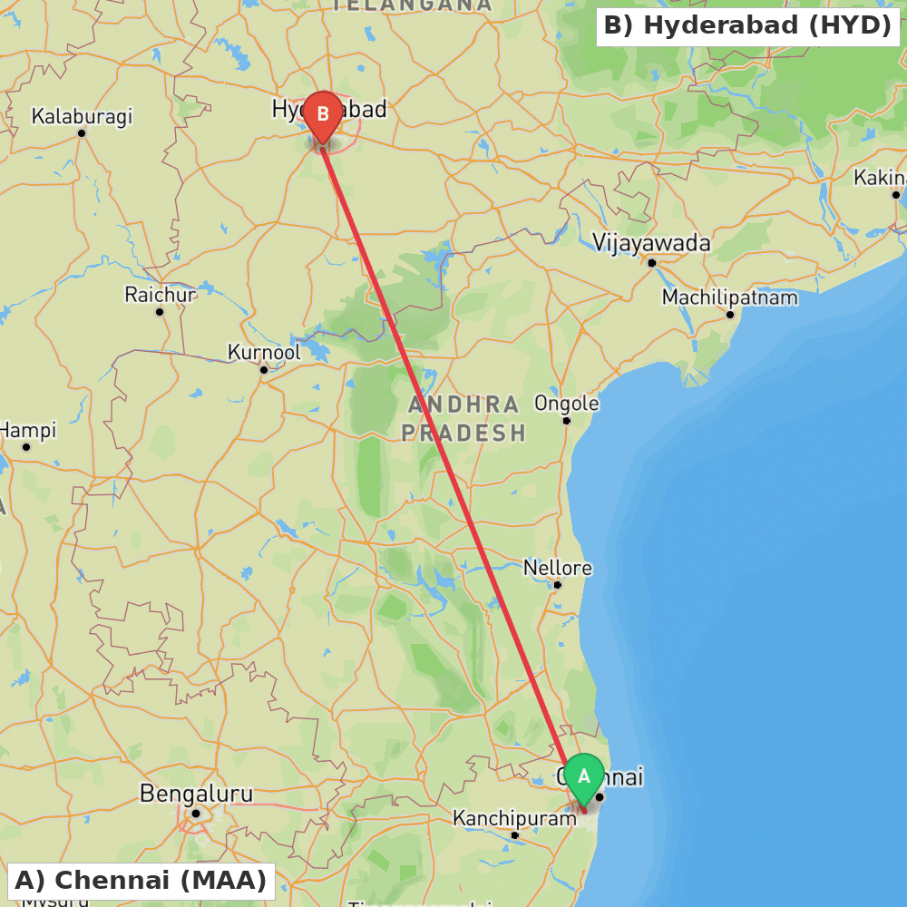 Flight route map from Chennai to Hyderabad