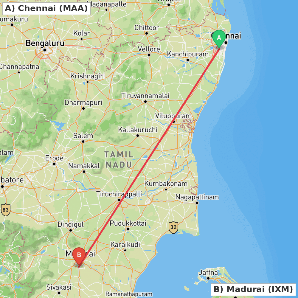Flight route map from Chennai to Madurai