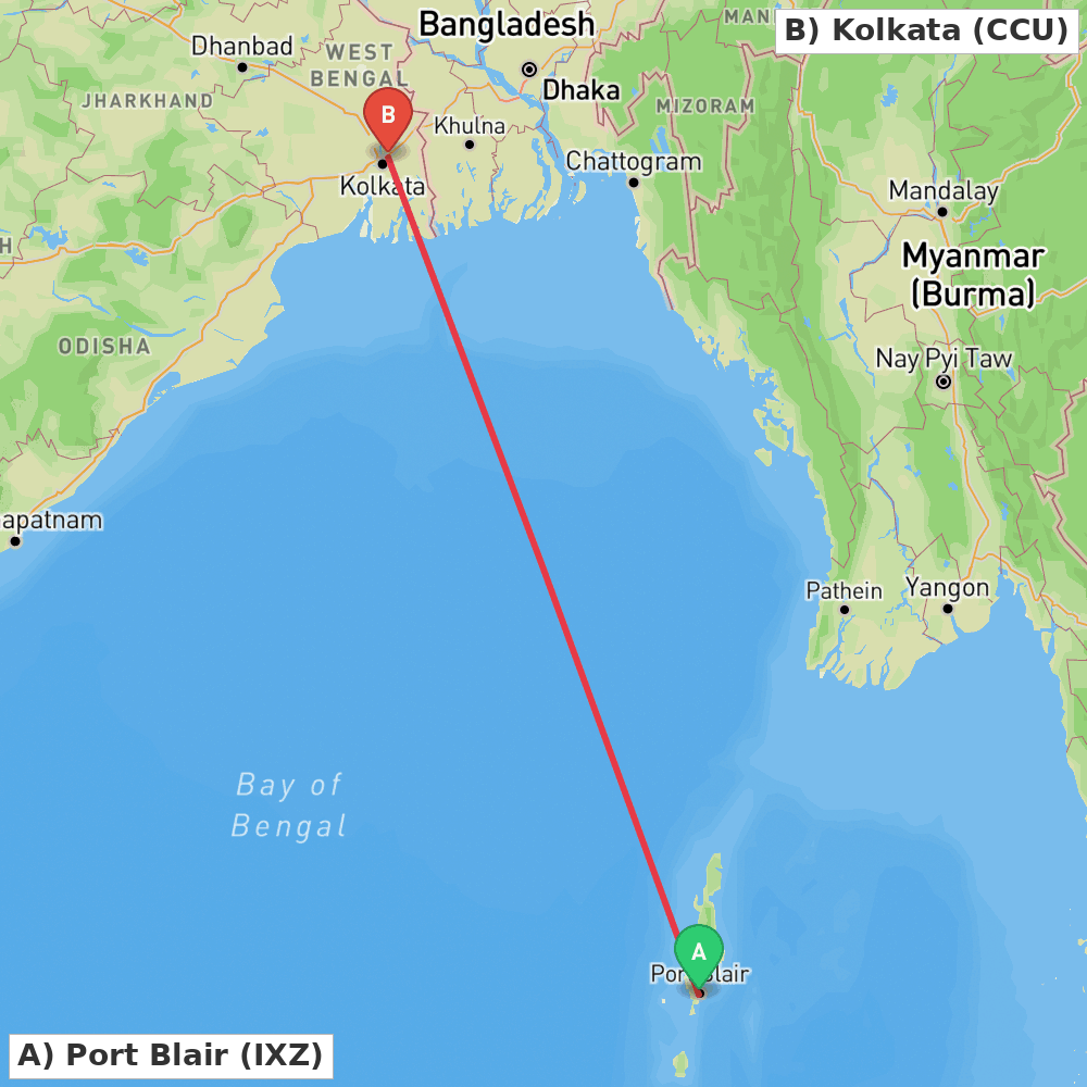Flight route map from Port Blair to Kolkata