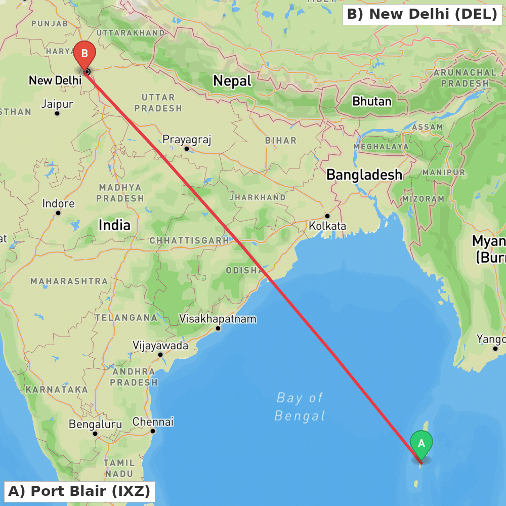 Flight route map from Port Blair to New Delhi