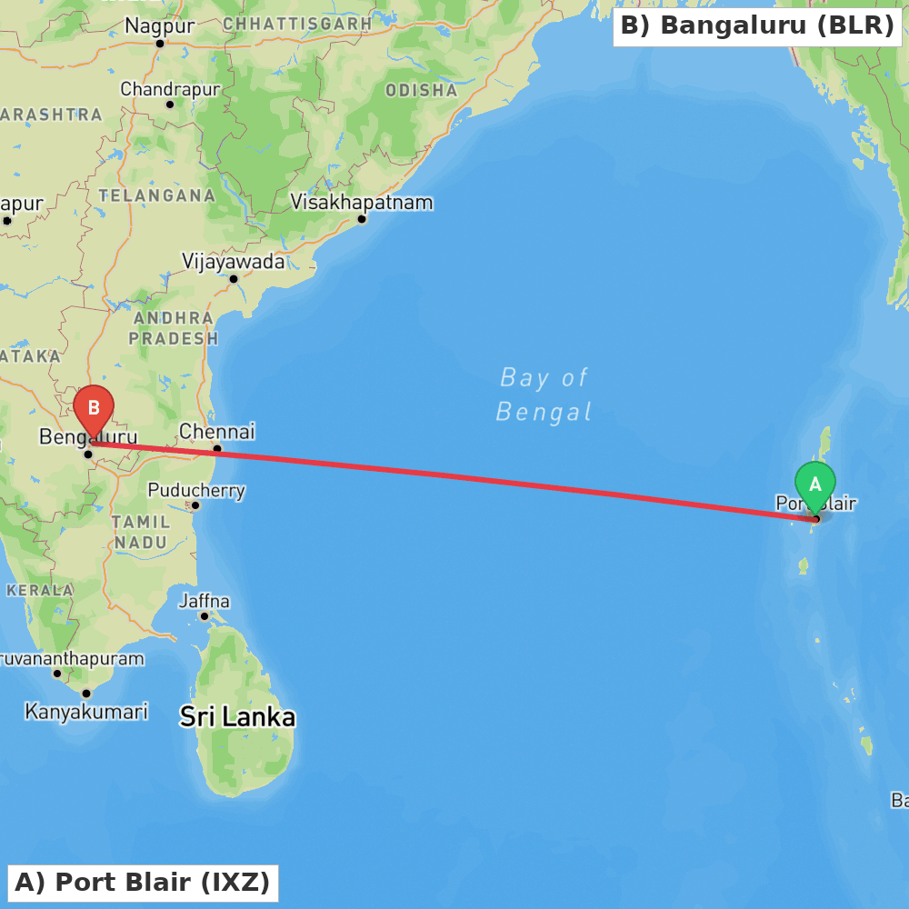 Flight route map from Port Blair to Bangaluru