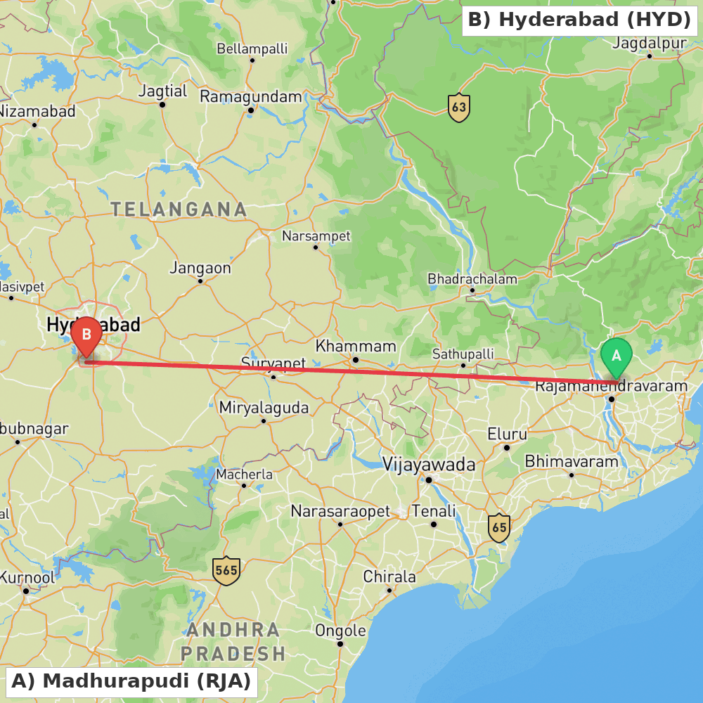 Flight route map from Madhurapudi to Hyderabad