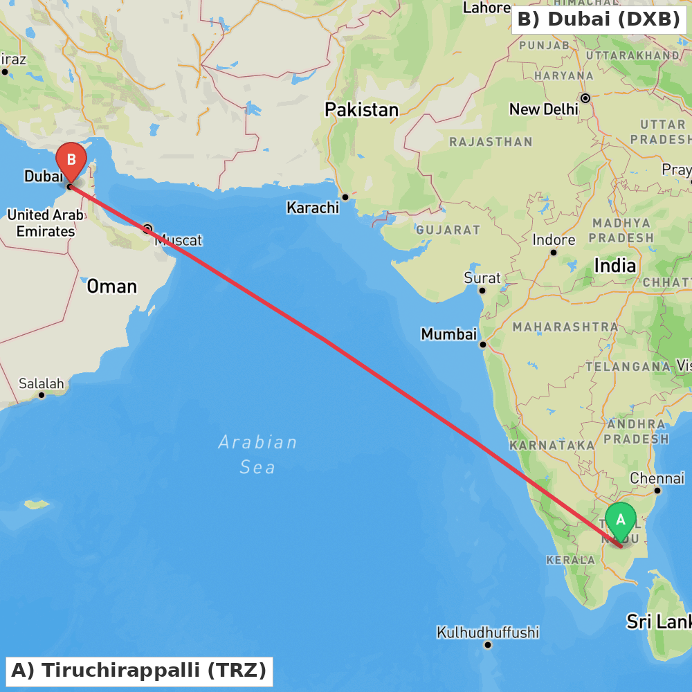 Flight route map from Tiruchirappalli to Dubai