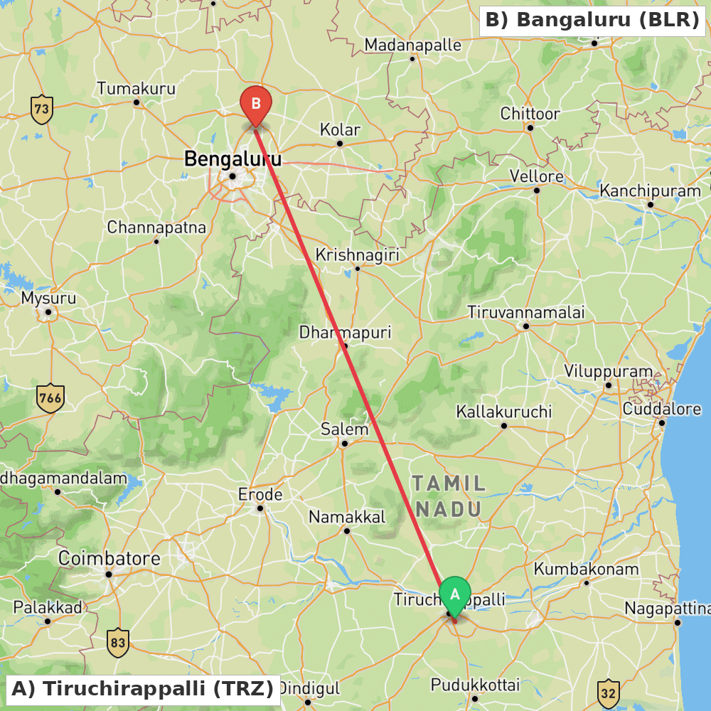 Flight route map from Tiruchirappalli to Bangaluru