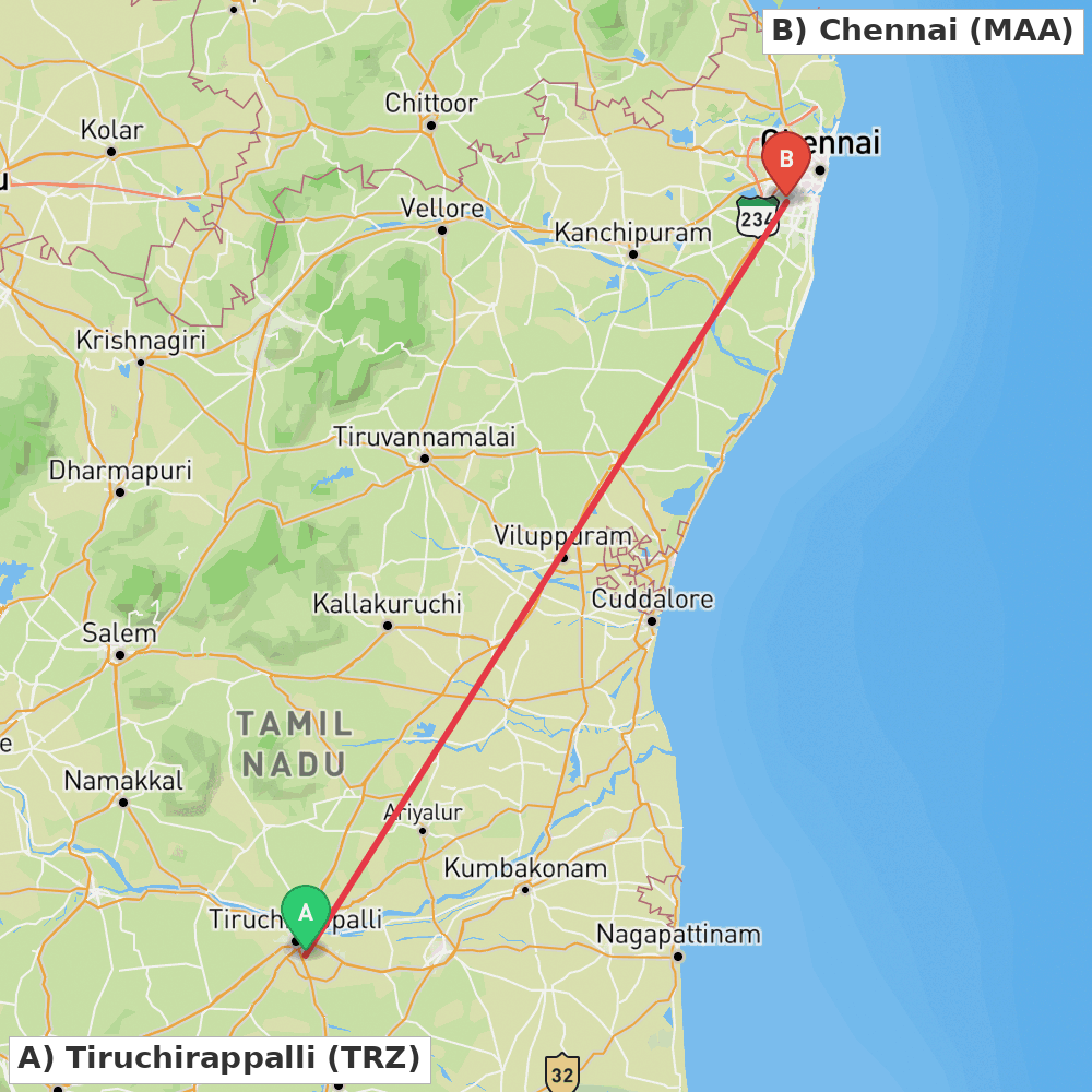 Flight route map from Tiruchirappalli to Chennai