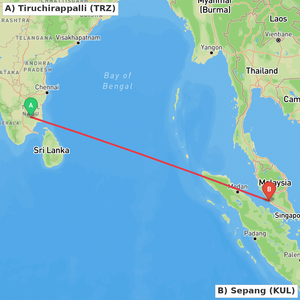 Flight route map from Tiruchirappalli to Sepang