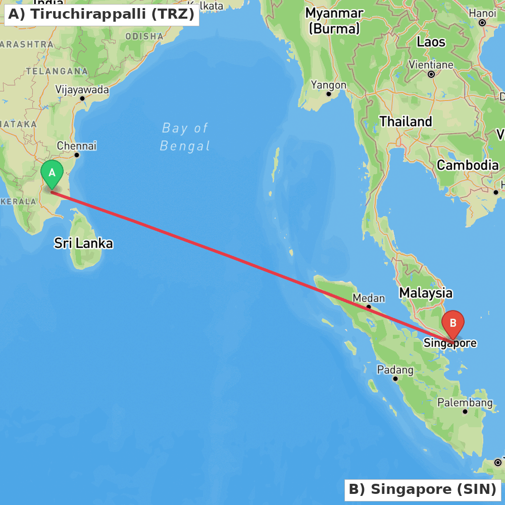 Flight route map from Tiruchirappalli to Singapore