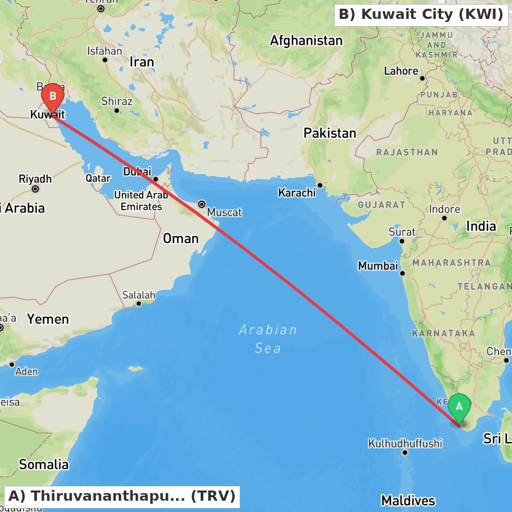 Flight route map from Thiruvananthapuram to Kuwait City