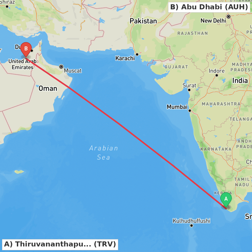 Flight route map from Thiruvananthapuram to Abu Dhabi