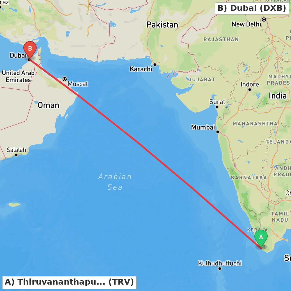 Flight route map from Thiruvananthapuram to Dubai