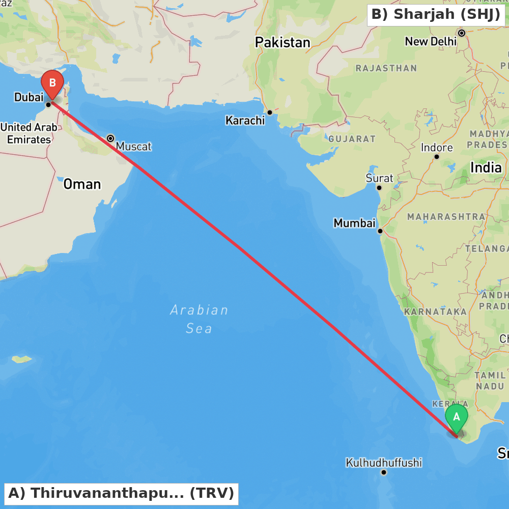Flight route map from Thiruvananthapuram to Sharjah