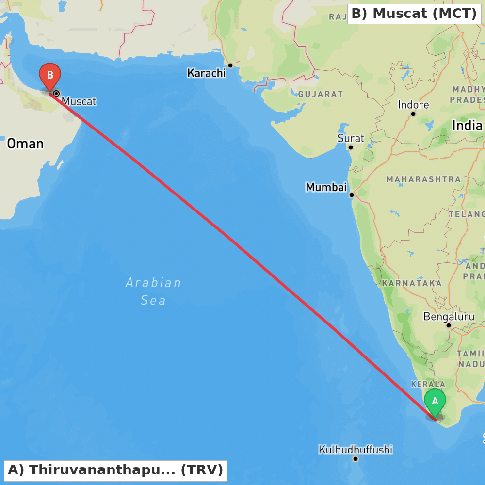 Flight route map from Thiruvananthapuram to Muscat