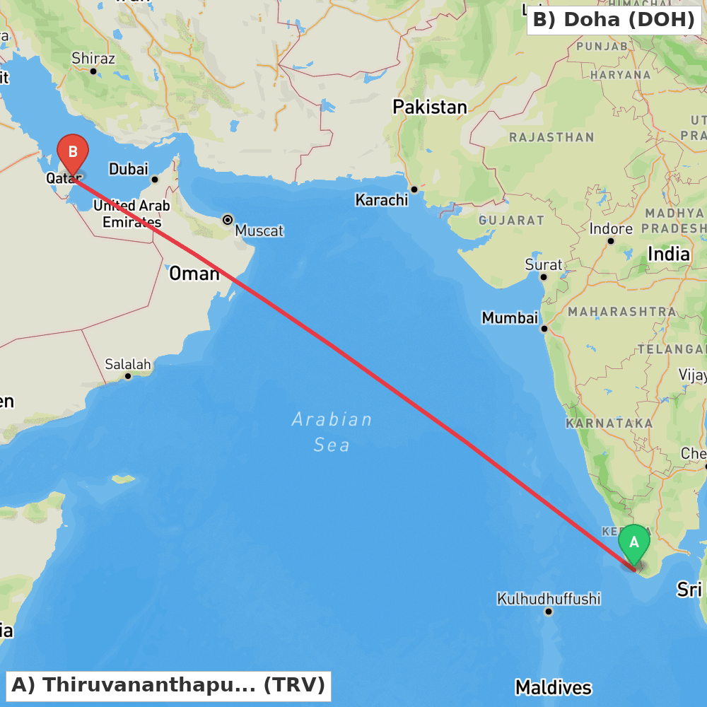 Flight route map from Thiruvananthapuram to Doha