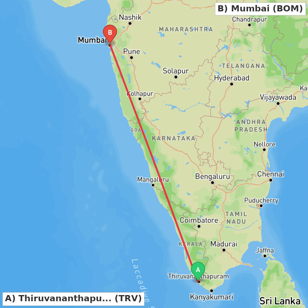 Flight route map from Thiruvananthapuram to Mumbai