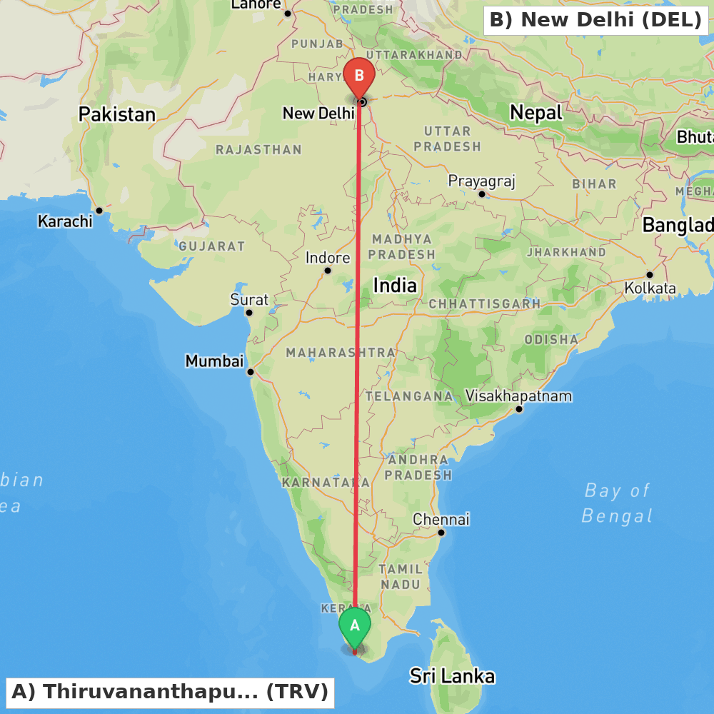 Flight route map from Thiruvananthapuram to New Delhi