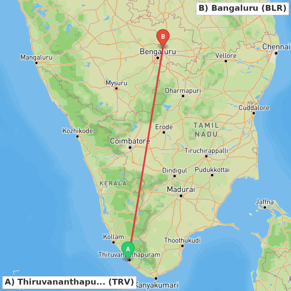 Flight route map from Thiruvananthapuram to Bangaluru