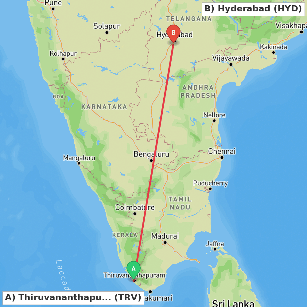Flight route map from Thiruvananthapuram to Hyderabad