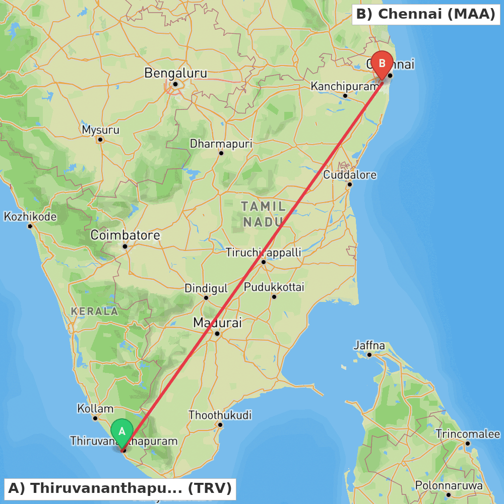 Flight route map from Thiruvananthapuram to Chennai