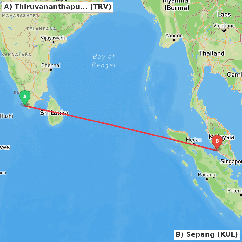Flight route map from Thiruvananthapuram to Sepang