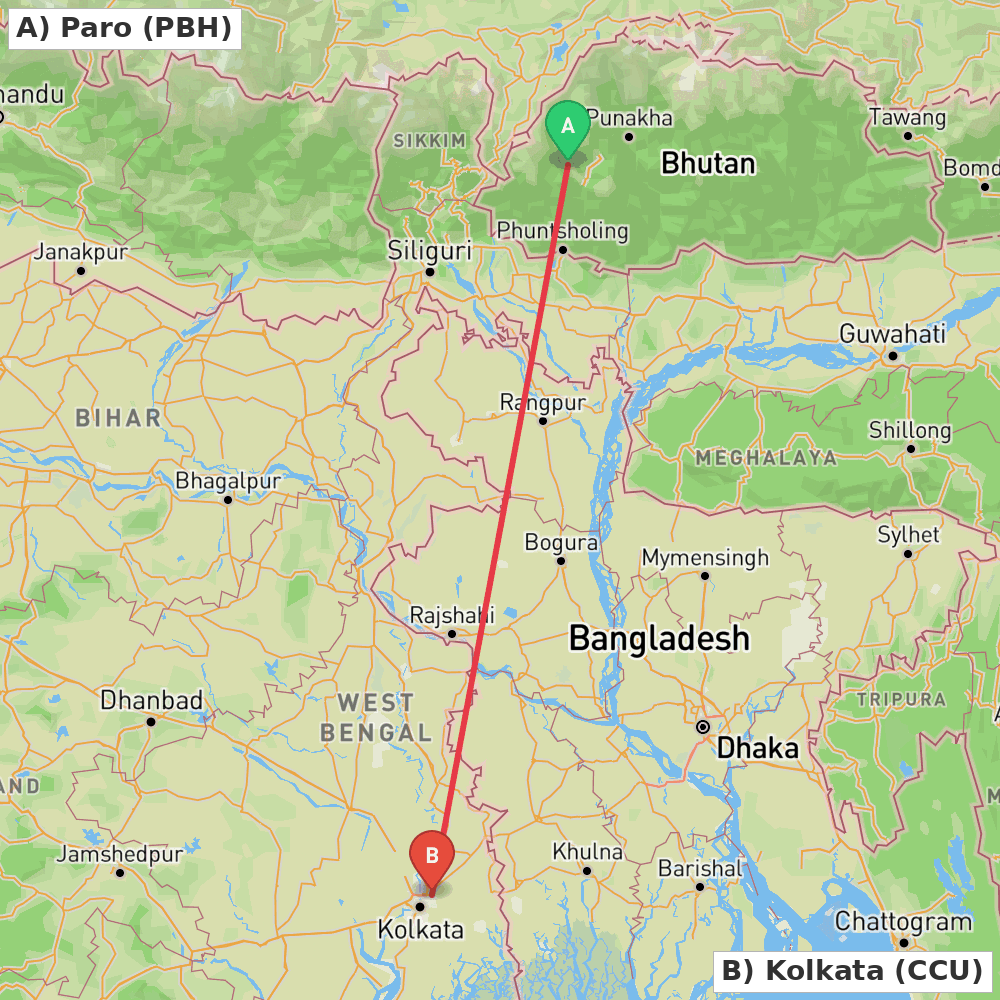 Flight route map from Paro to Kolkata