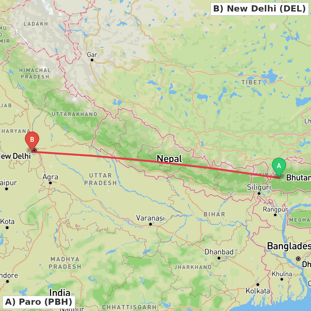 Flight route map from Paro to New Delhi