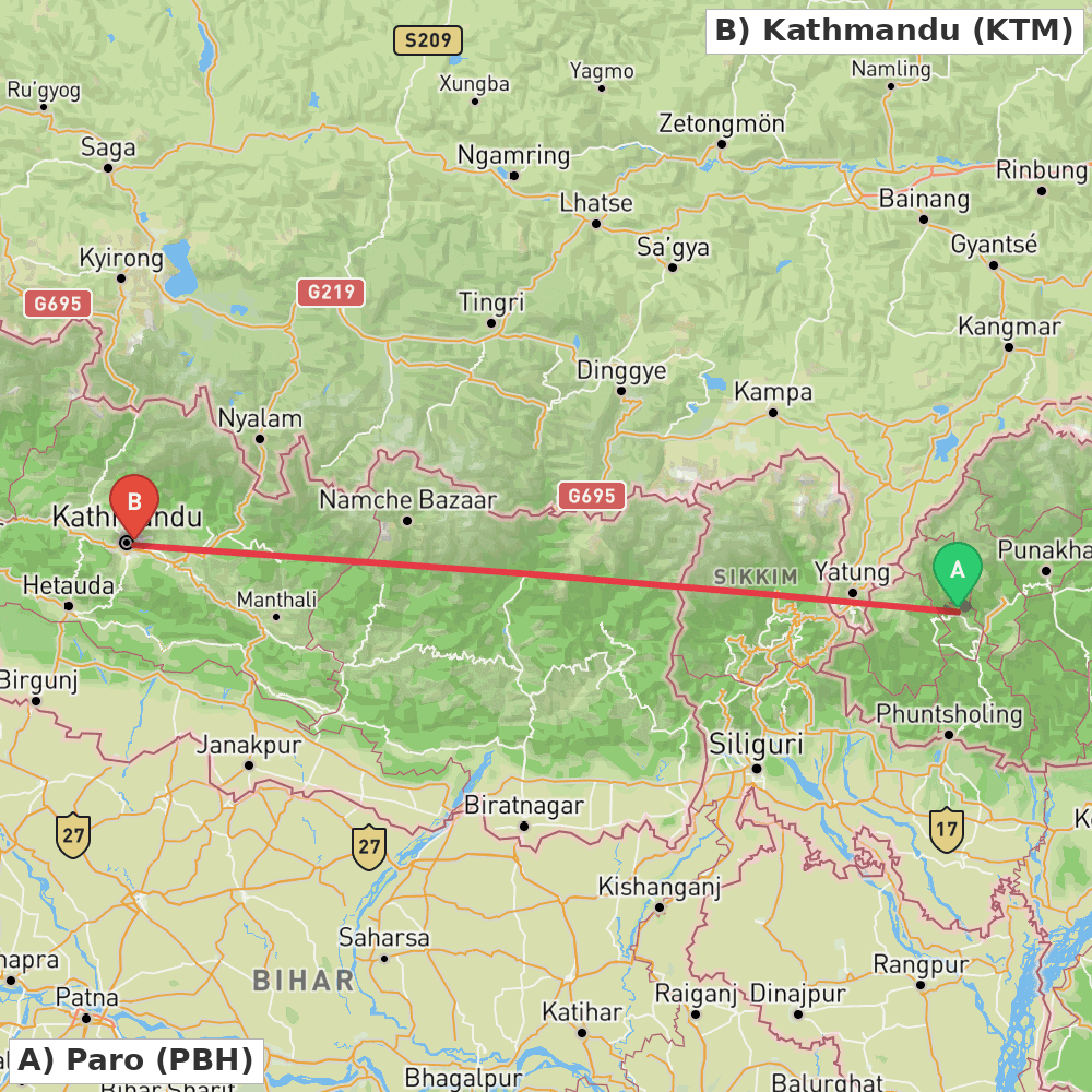 Flight route map from Paro to Kathmandu