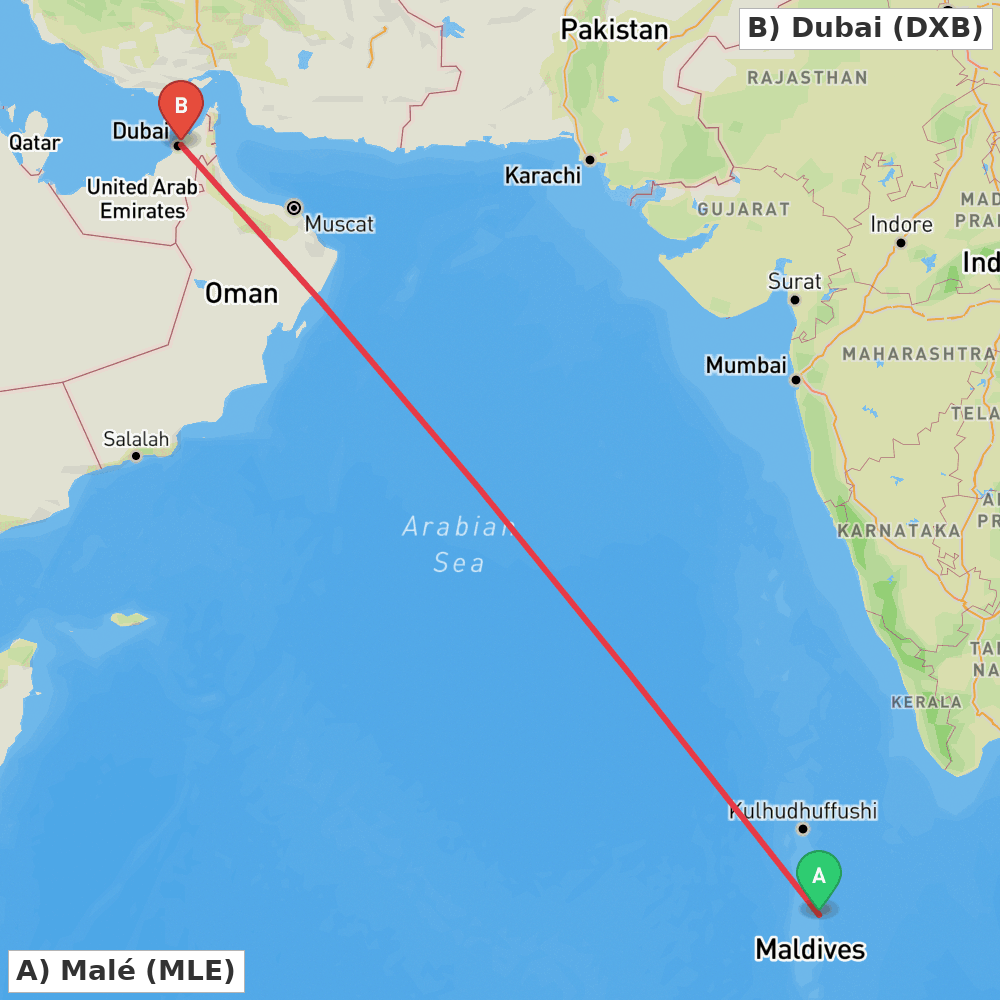Flight route map from Malé to Dubai