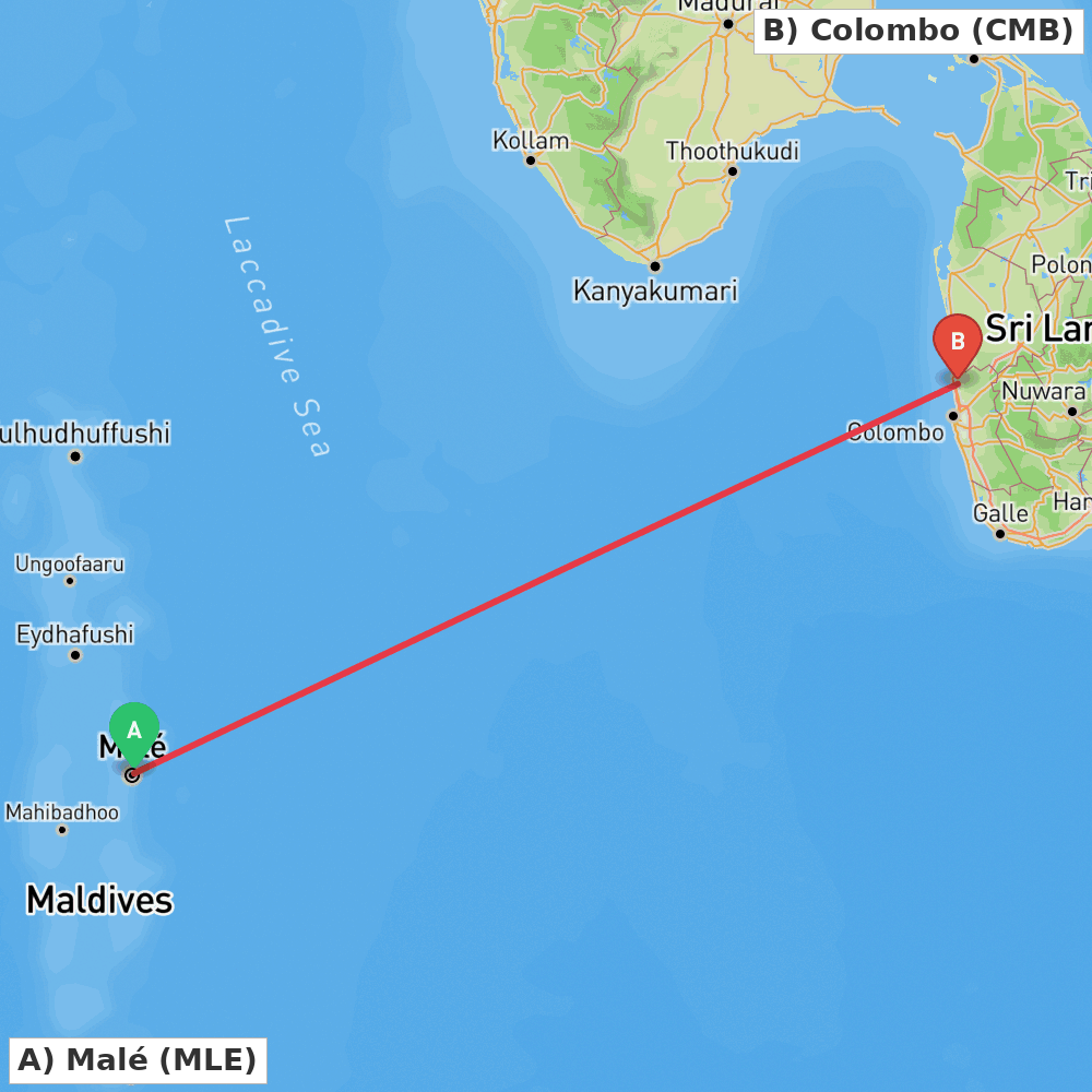 Flight route map from Malé to Colombo