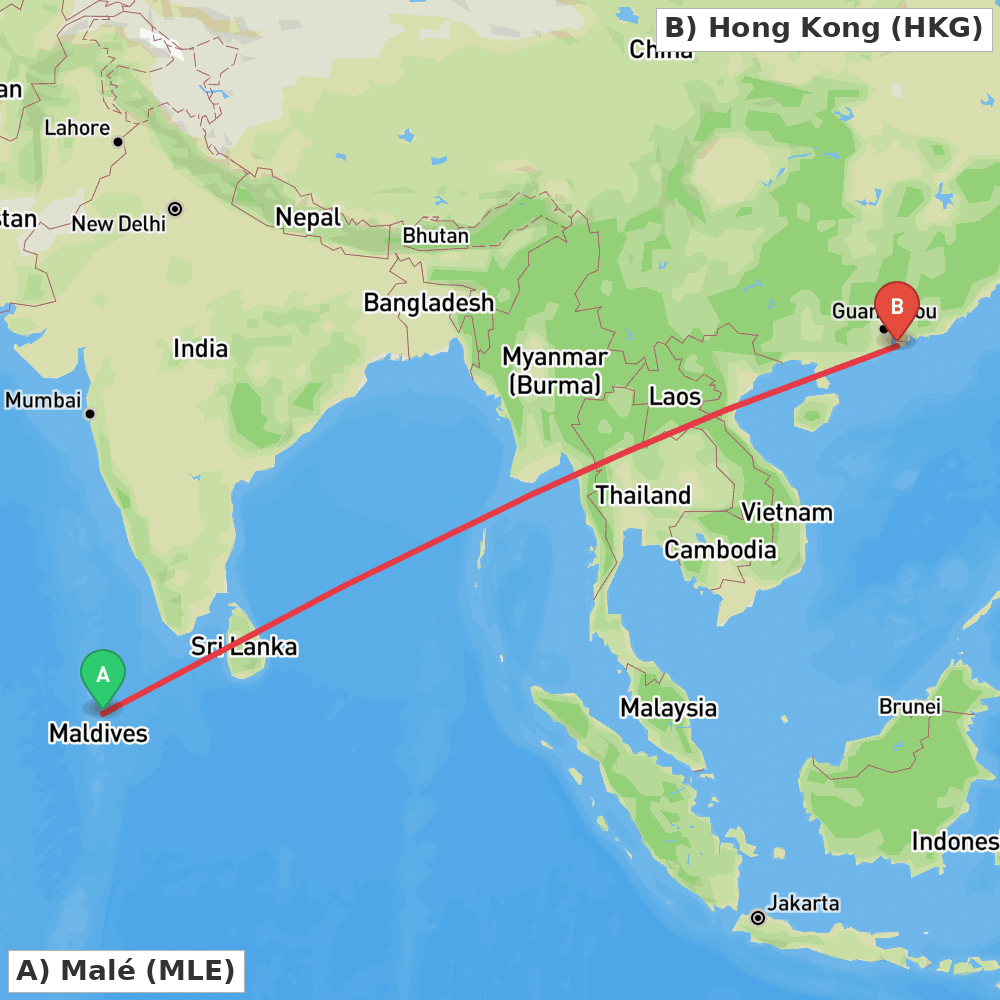 Flight route map from Malé to Hong Kong