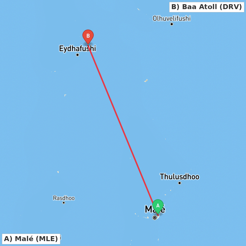 Flight route map from Malé to Baa Atoll
