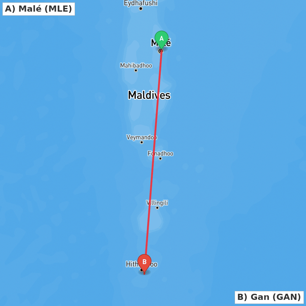 Flight route map from Malé to Gan