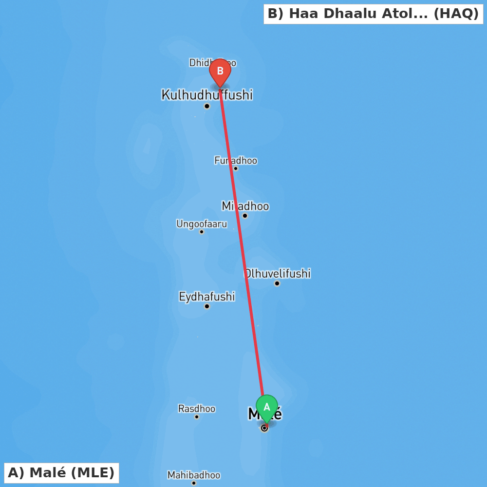 Flight route map from Malé to Haa Dhaalu Atoll