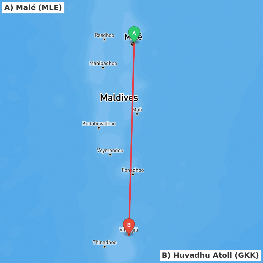 Flight route map from Malé to Huvadhu Atoll