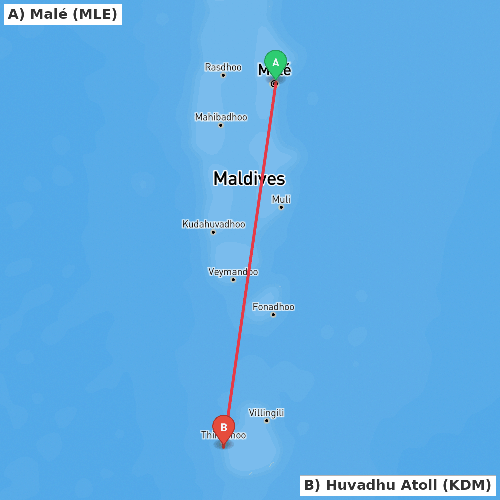 Flight route map from Malé to Huvadhu Atoll