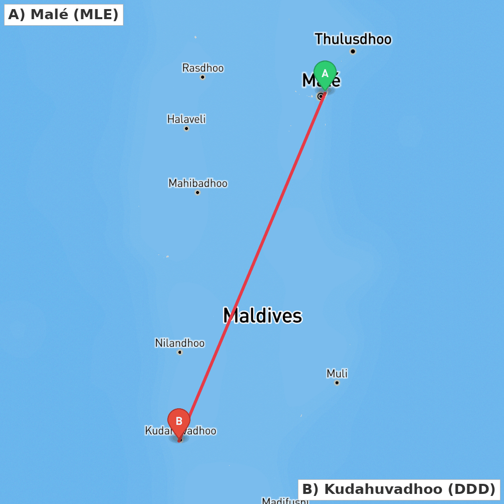 Flight route map from Malé to Kudahuvadhoo