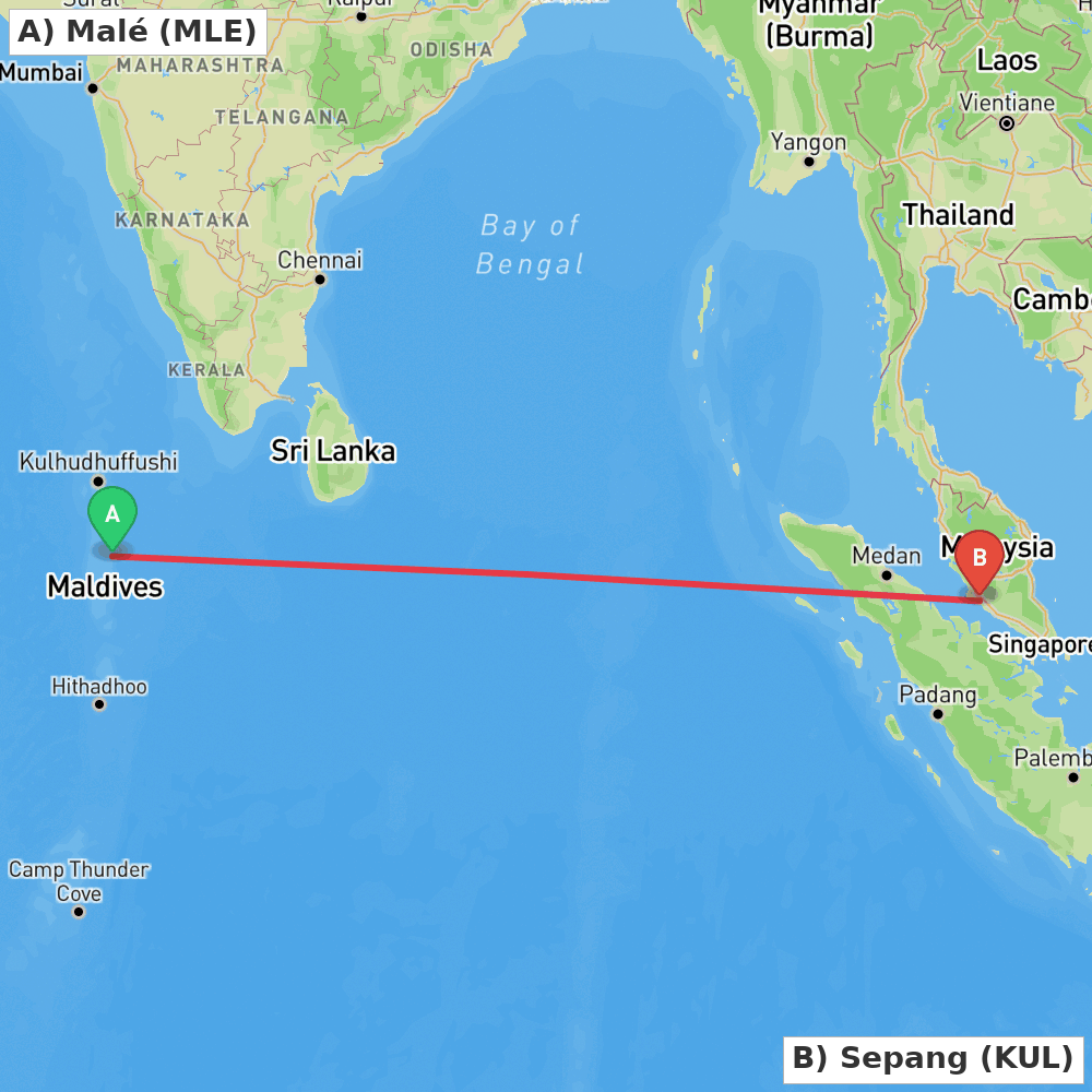 Flight route map from Malé to Sepang
