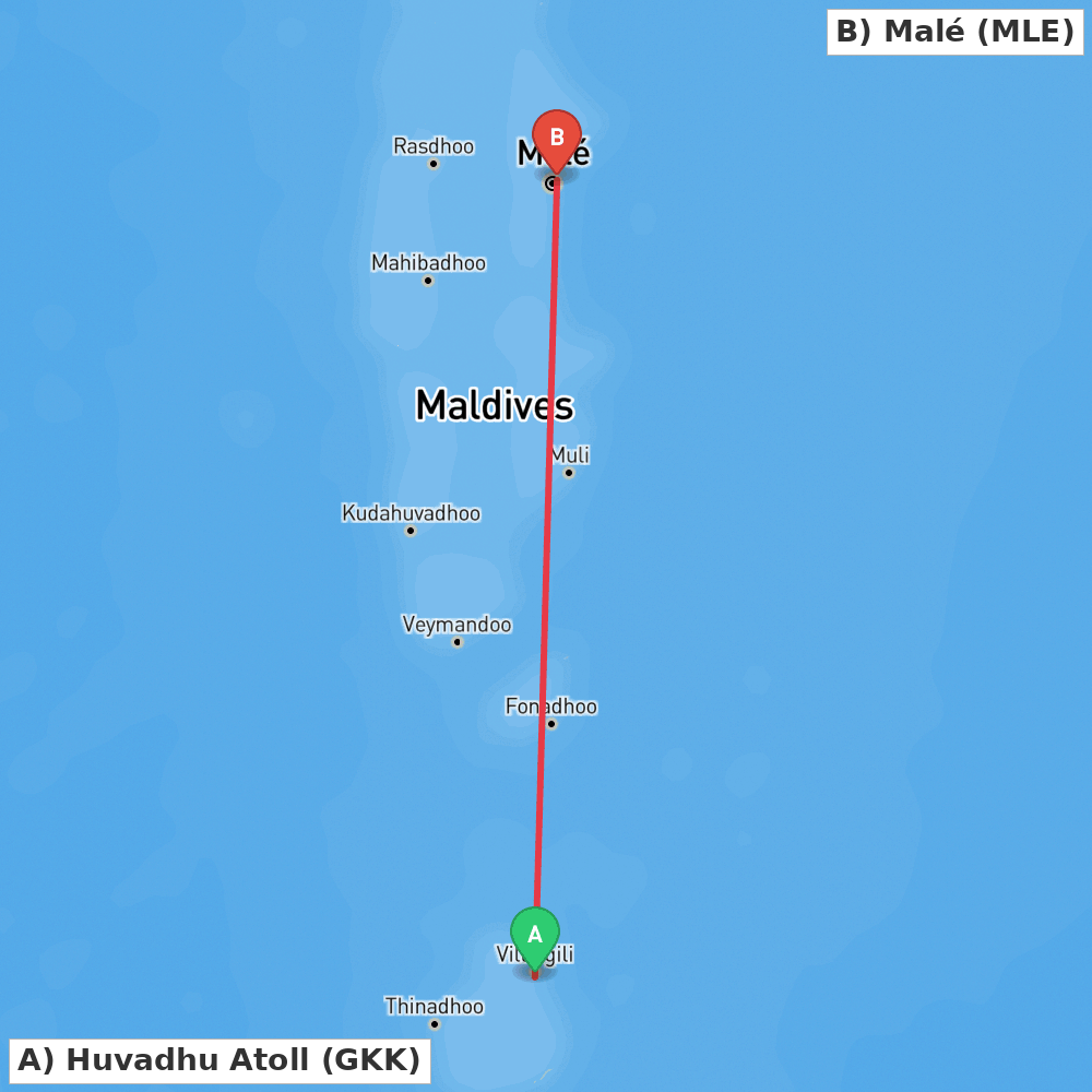 Flight route map from Huvadhu Atoll to Malé