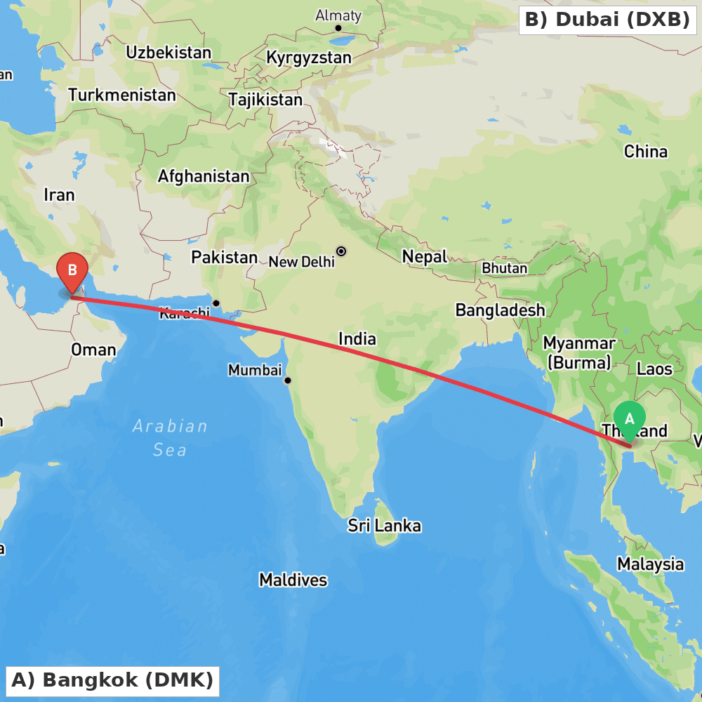 Flight route map from Bangkok to Dubai