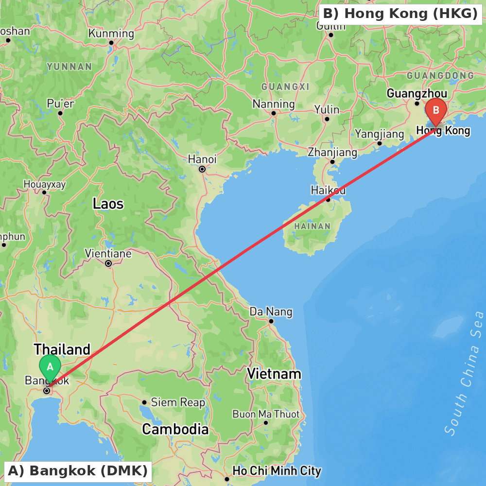 Flight route map from Bangkok to Hong Kong