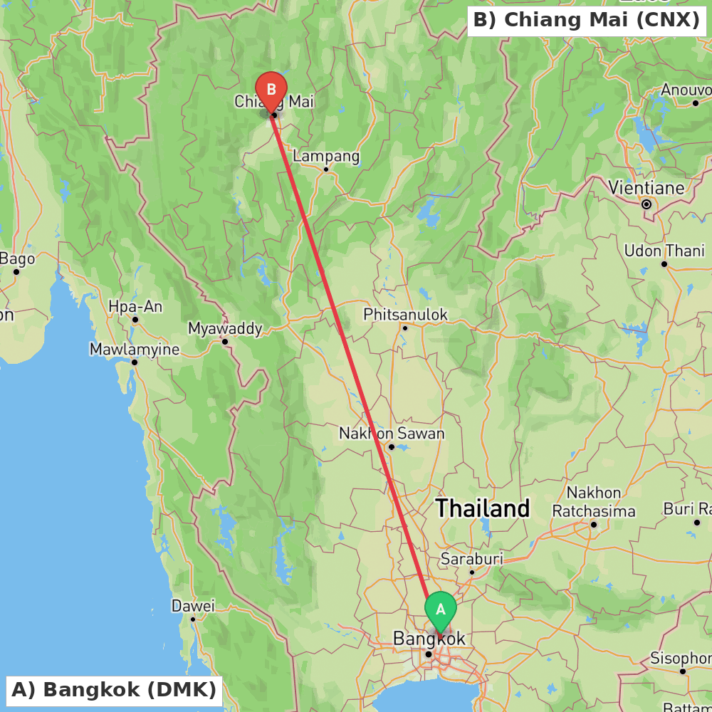 Flight route map from Bangkok to Chiang Mai