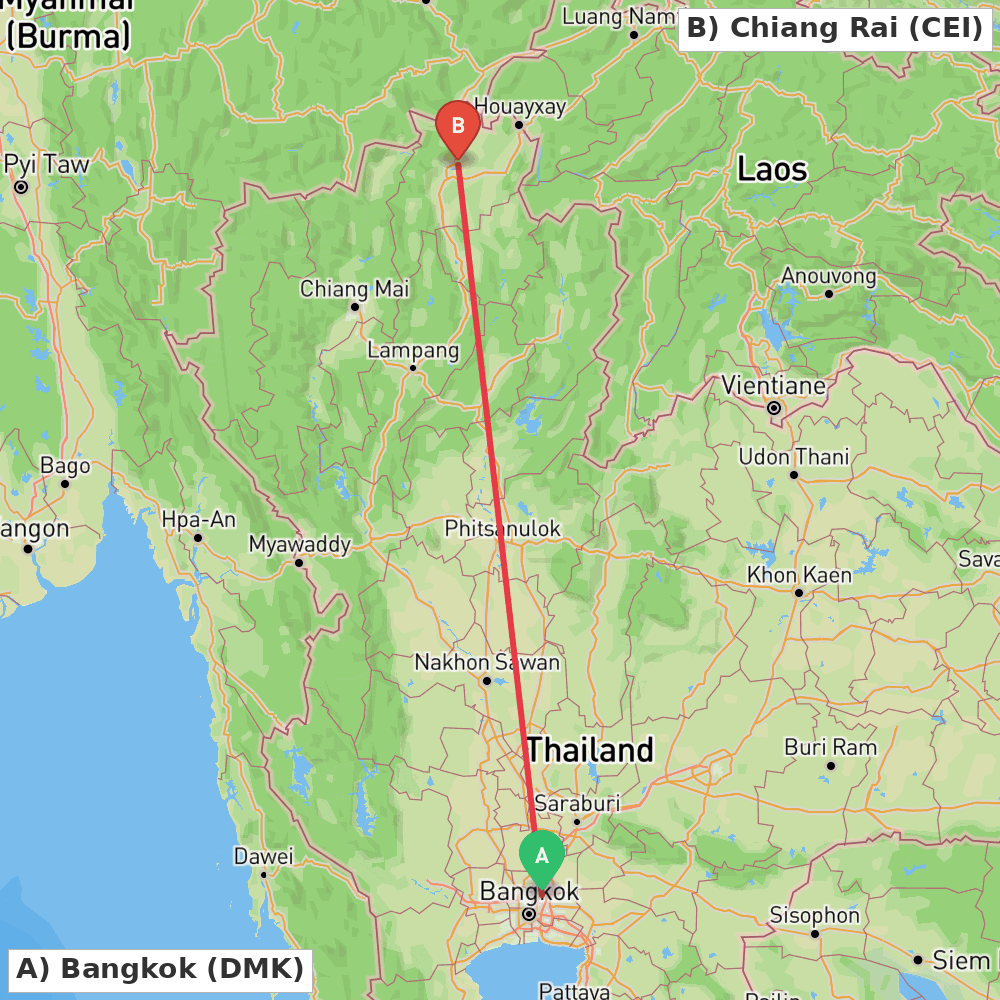 Flight route map from Bangkok to Chiang Rai