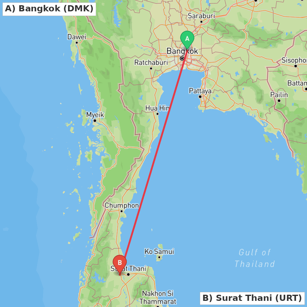 Flight route map from Bangkok to Surat Thani