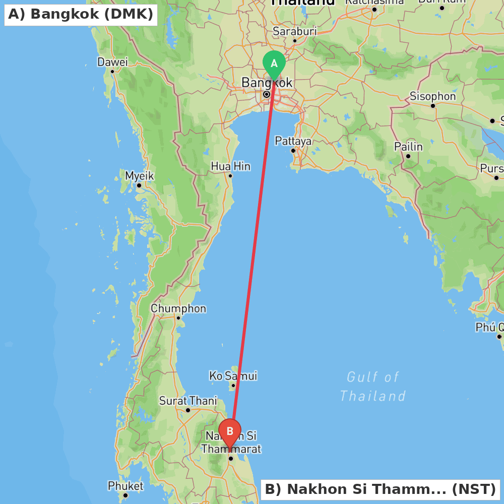 Flight route map from Bangkok to Nakhon Si Thammarat