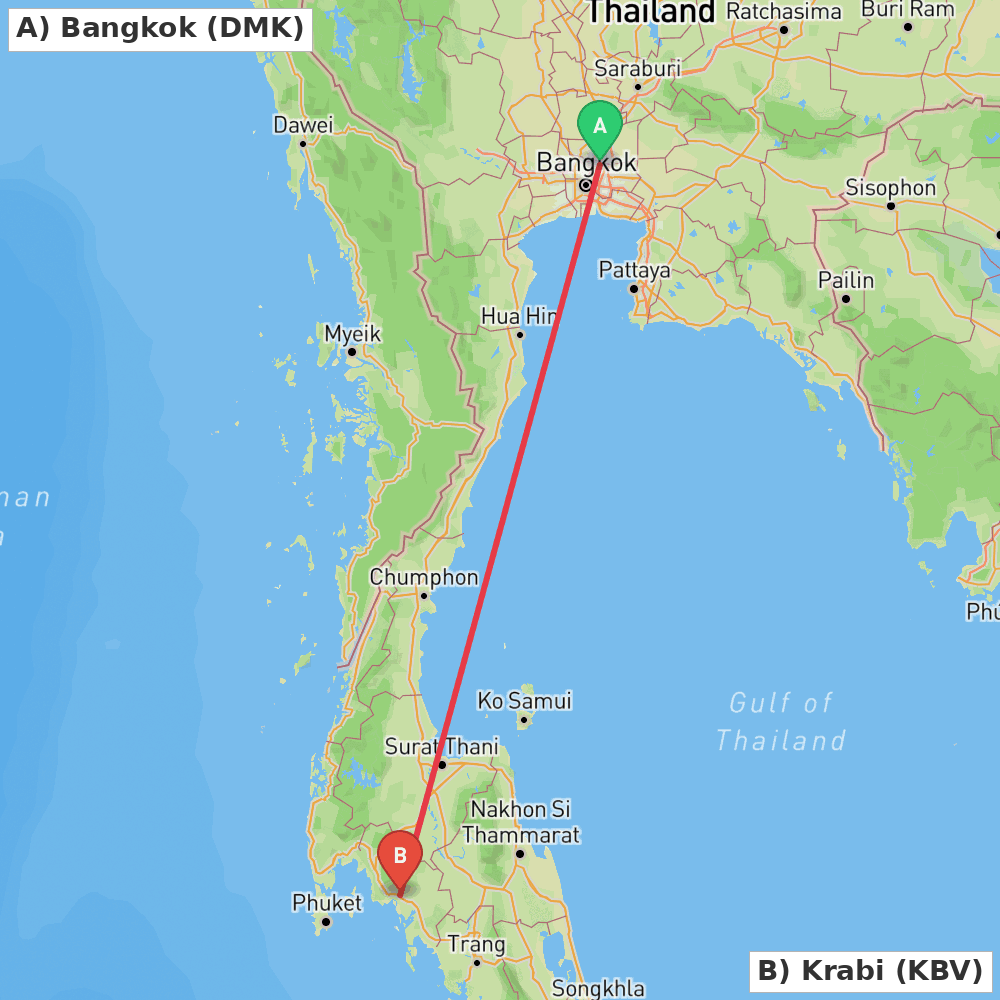 Flight route map from Bangkok to Krabi