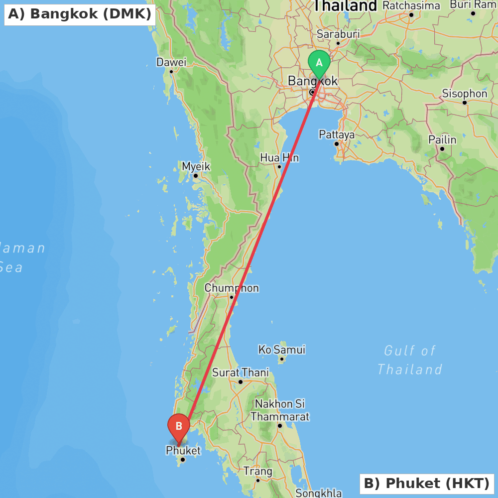 Flight route map from Bangkok to Phuket