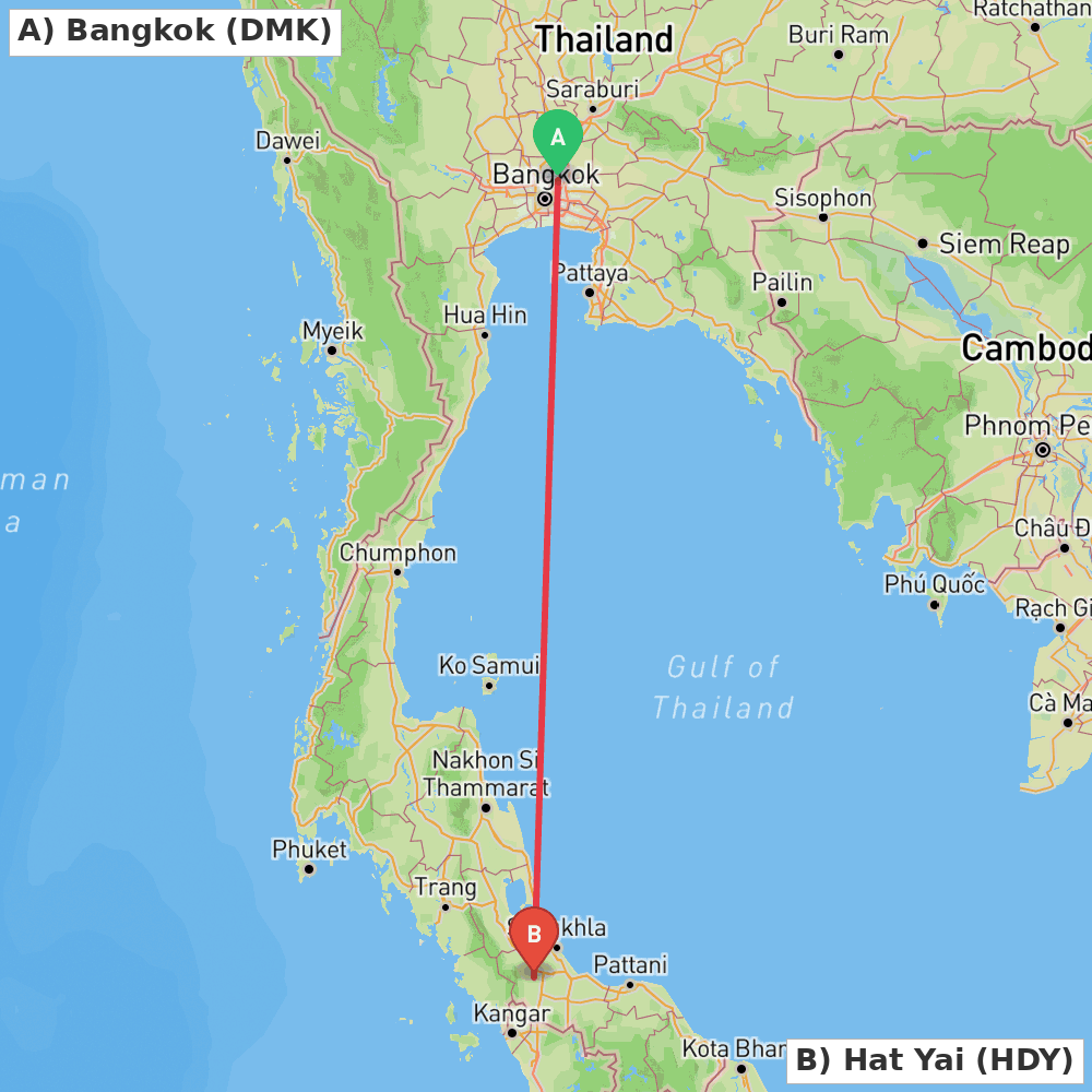 Flight route map from Bangkok to Hat Yai