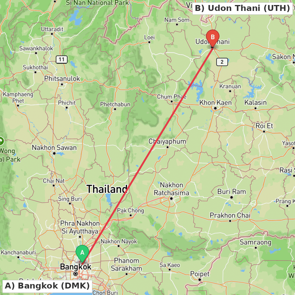 Flight route map from Bangkok to Udon Thani
